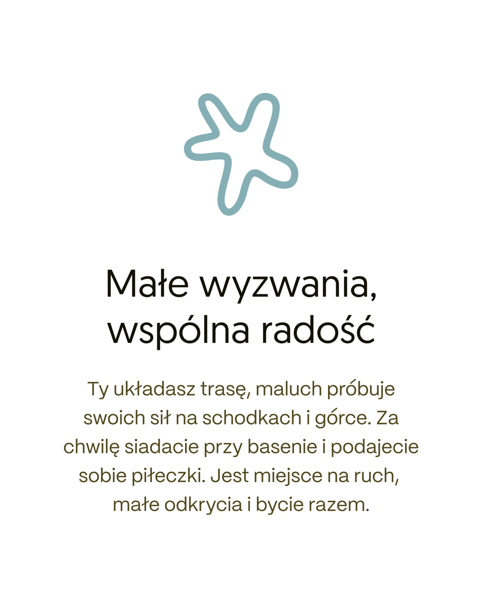 Plansza „Małe wyzwania, wspólna radość” o trasie Alto i zabawie przy basenie.