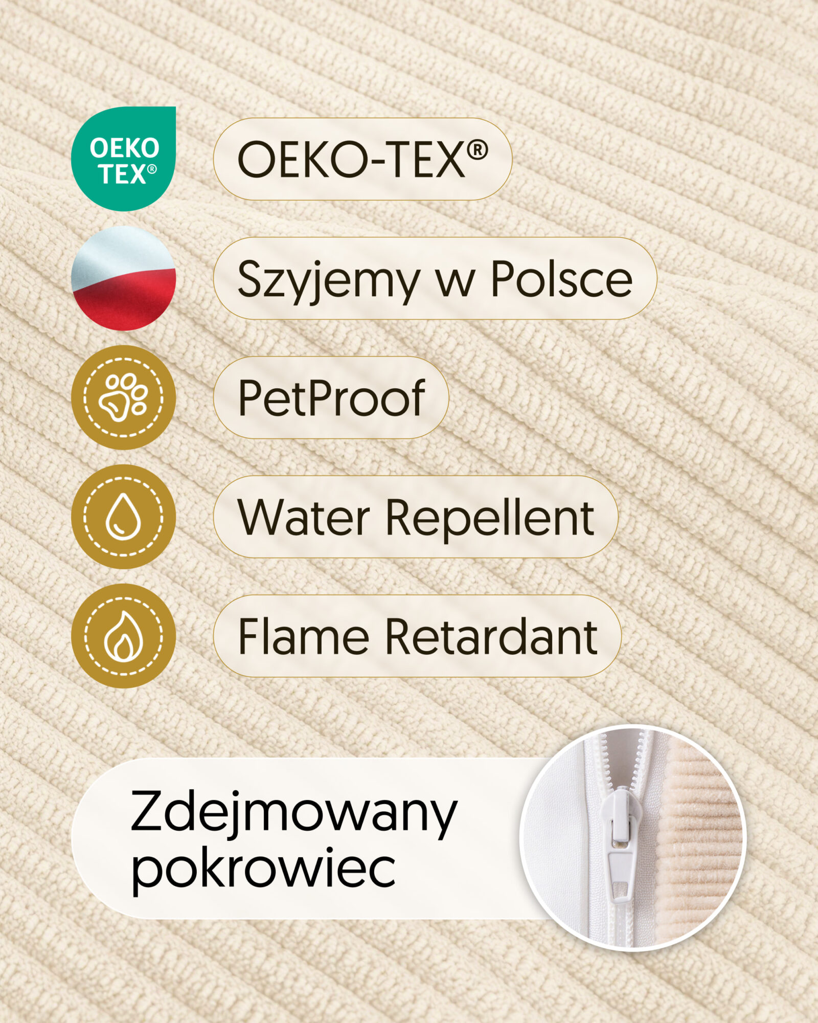 Zbliżenie tkaniny wariantu cream z oznaczeniami materiału, polskiego szycia i zdejmowanego pokrowca.