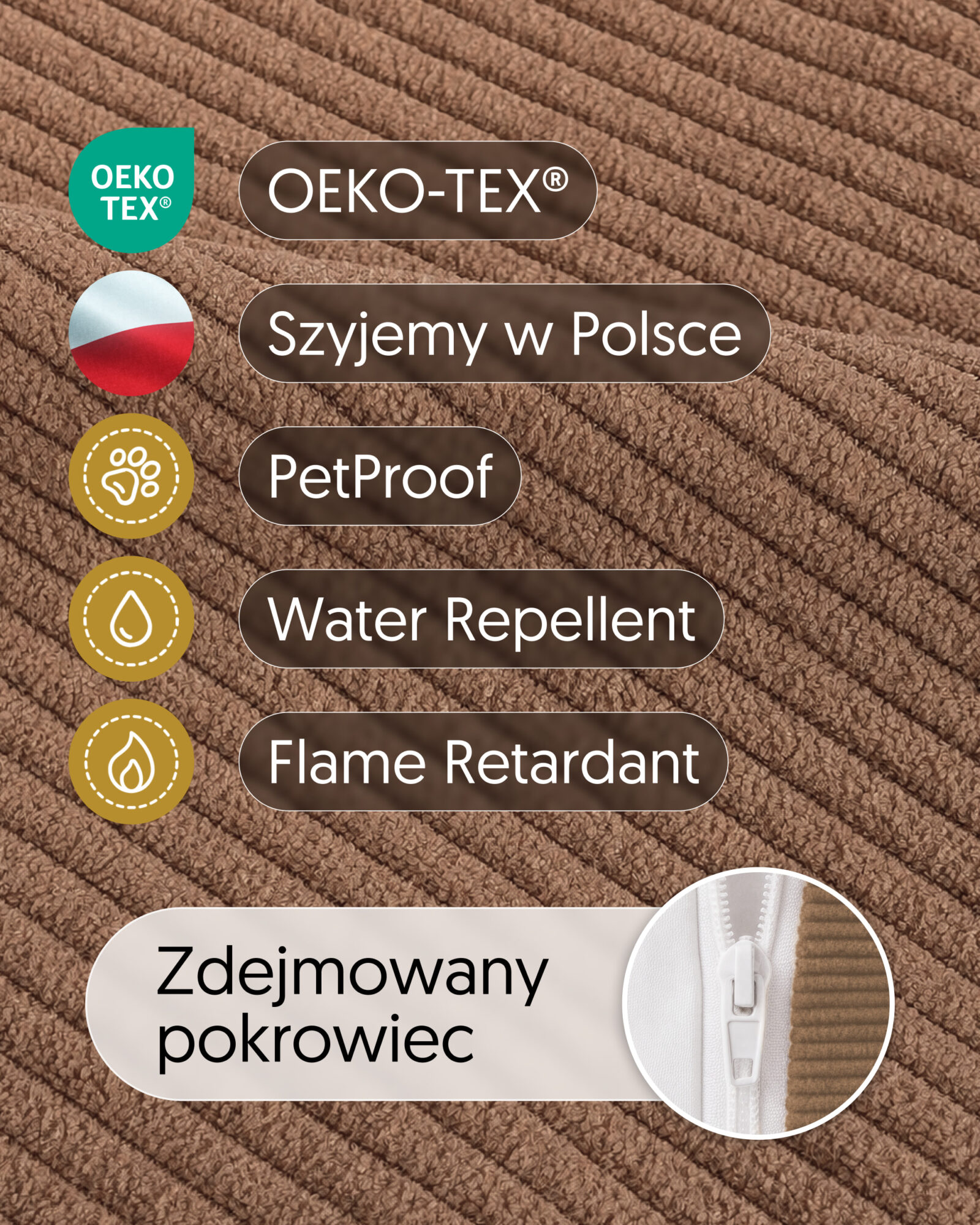 Zbliżenie tkaniny wariantu mocha z oznaczeniami materiału, polskiego szycia i zdejmowanego pokrowca.