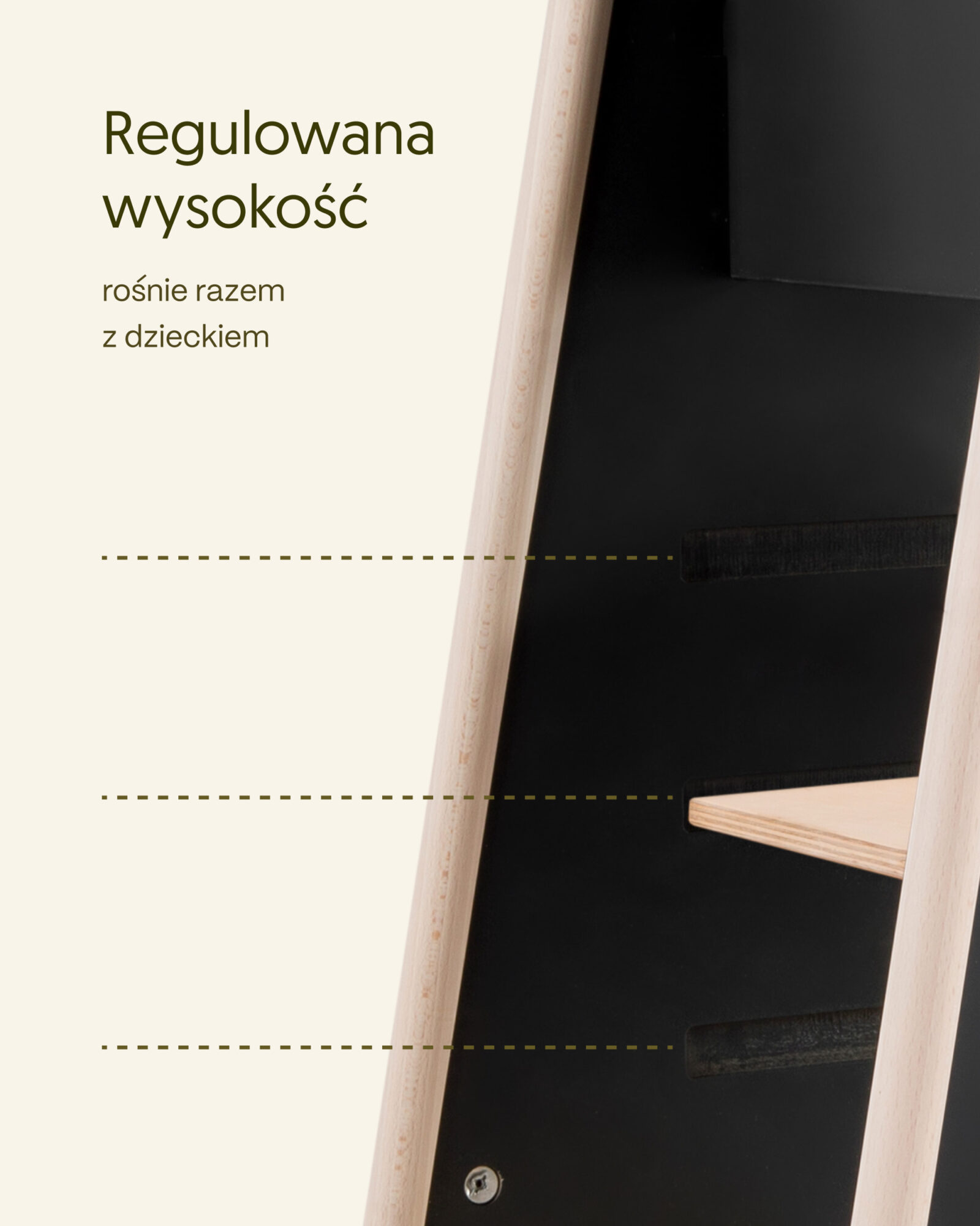 Kitchen Helper Mlumo w kolorze czarnoszary – trzy poziomy regulacji wysokości podestu.