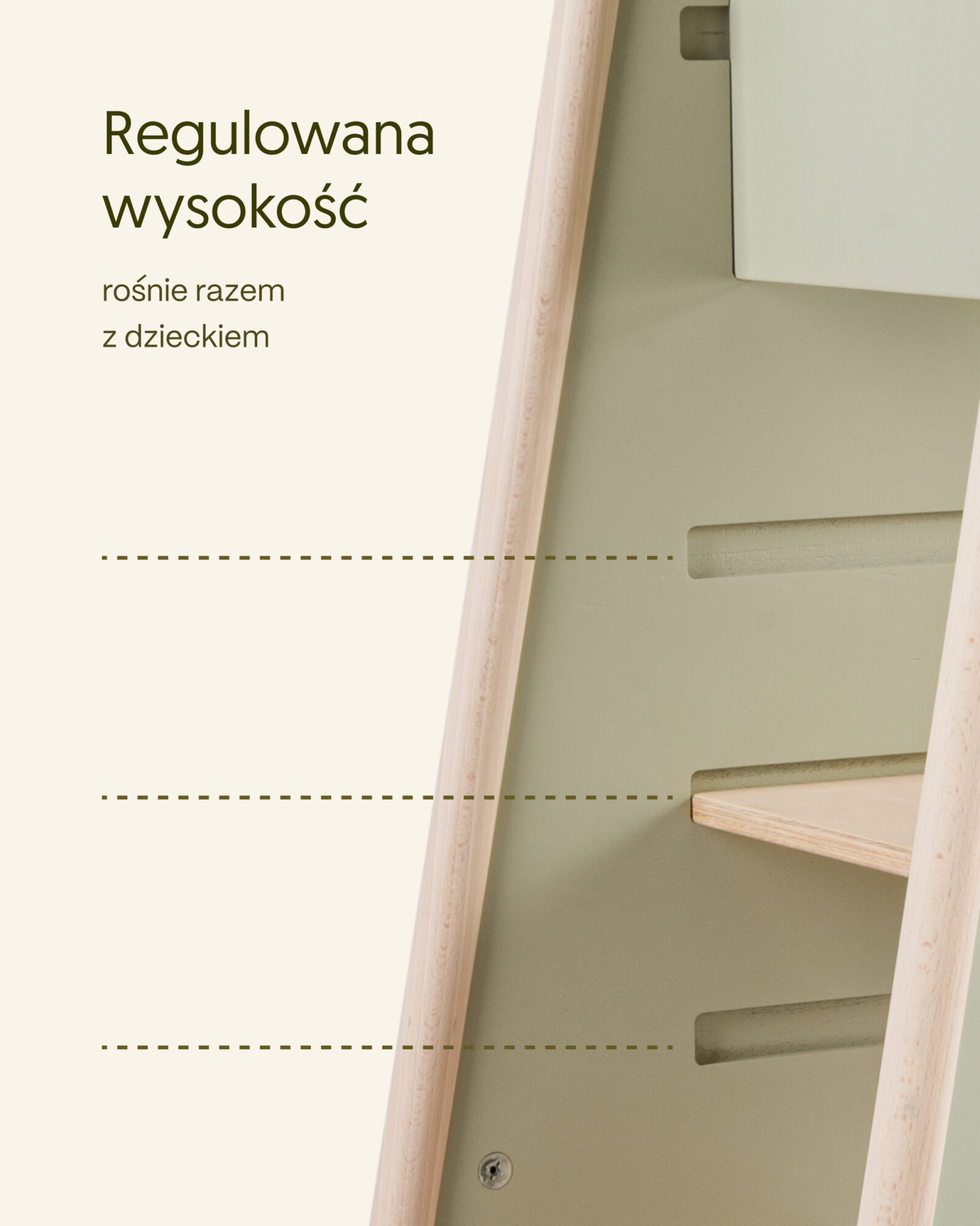 Kitchen Helper Mlumo w kolorze łąkowy – trzy poziomy regulacji wysokości podestu.