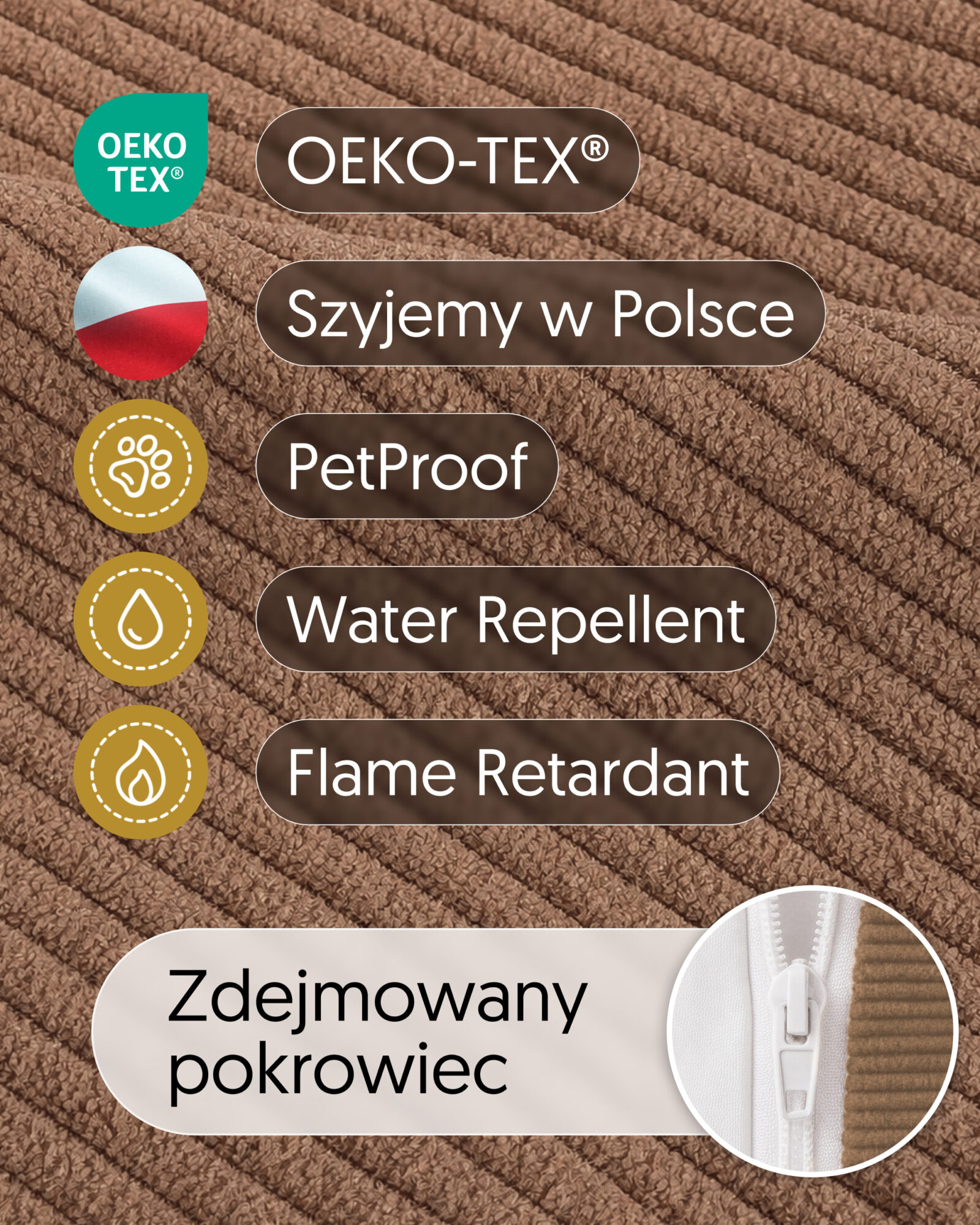 Zbliżenie tkaniny pokrowca Kosza Mojżesza, oznaczenia OEKO-TEX i detalu zamka. Wariant Mocha.