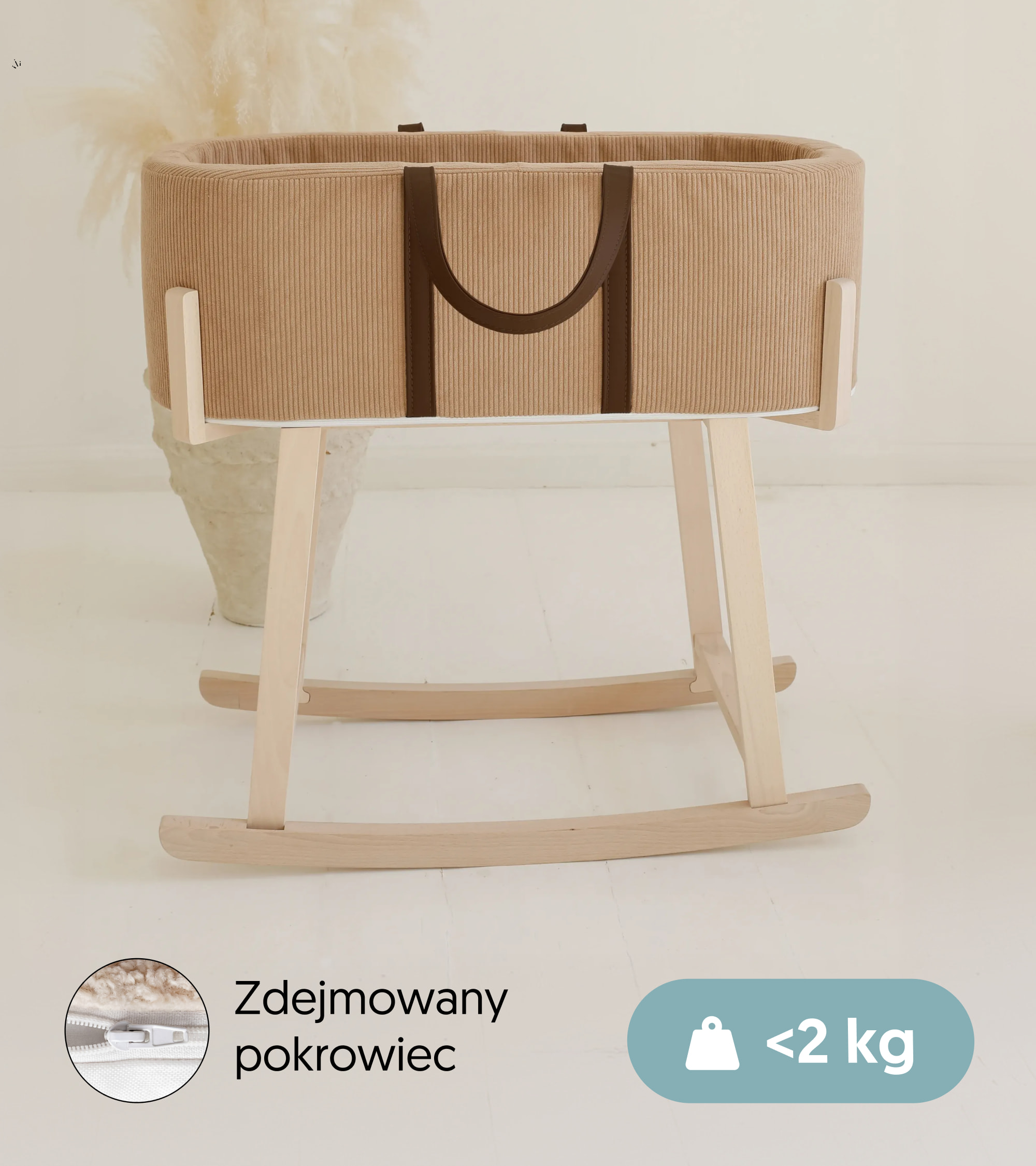 Kosz Mojżesza Mocha z oznaczeniami zdejmowanego pokrowca i wagi poniżej 2 kg.