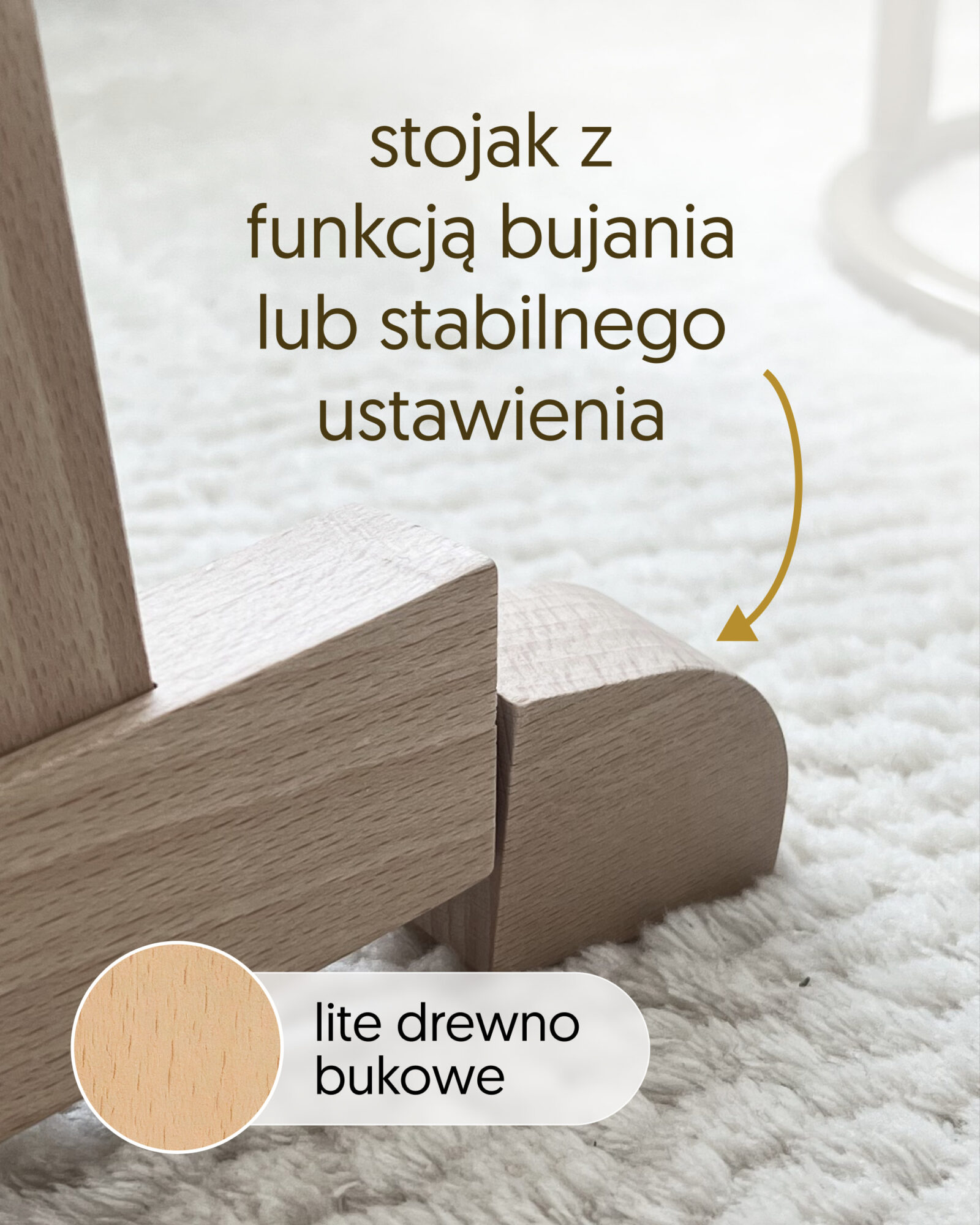 Drewniany stojak do Kosza Mojżesza z oznaczeniami jego funkcji.