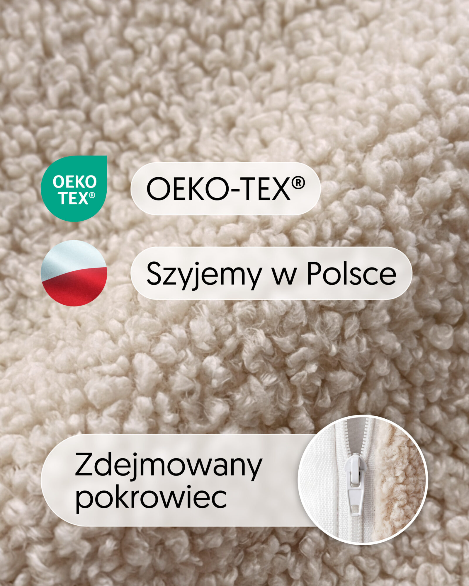 Zbliżenie tkaniny pokrowca Kosza Mojżesza z oznaczeniami właściwości.