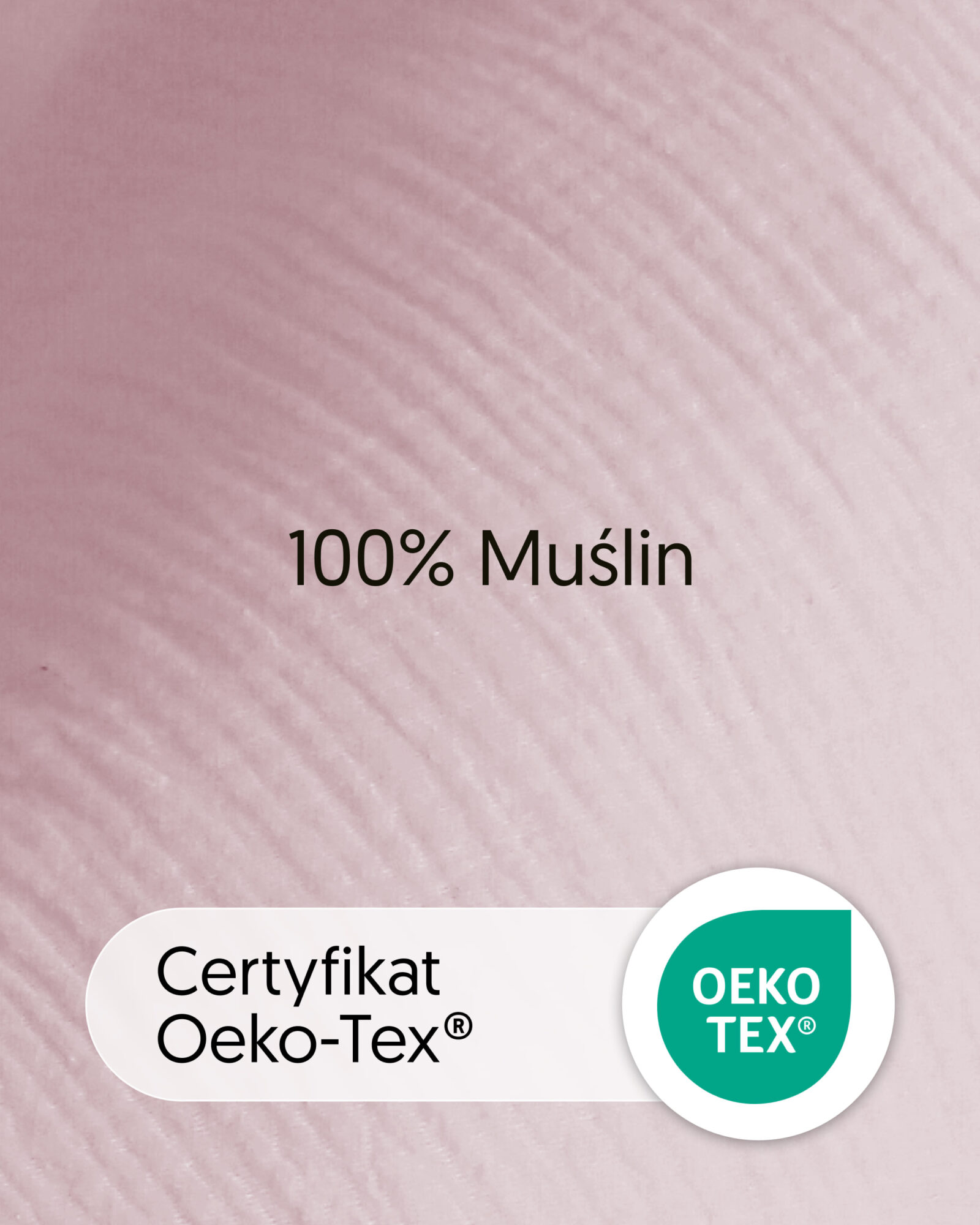 Plansza z tkaniną produktu myjka muślinowo-bawełniana różowa, informacją o materiale i oznaczeniem OEKO-TEX.