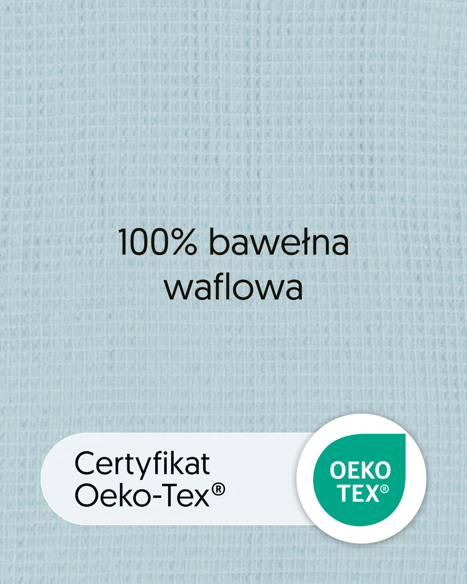 Plansza z tkaniną produktu pieluszki bawełniane błękitne, informacją o materiale i oznaczeniem OEKO-TEX.
