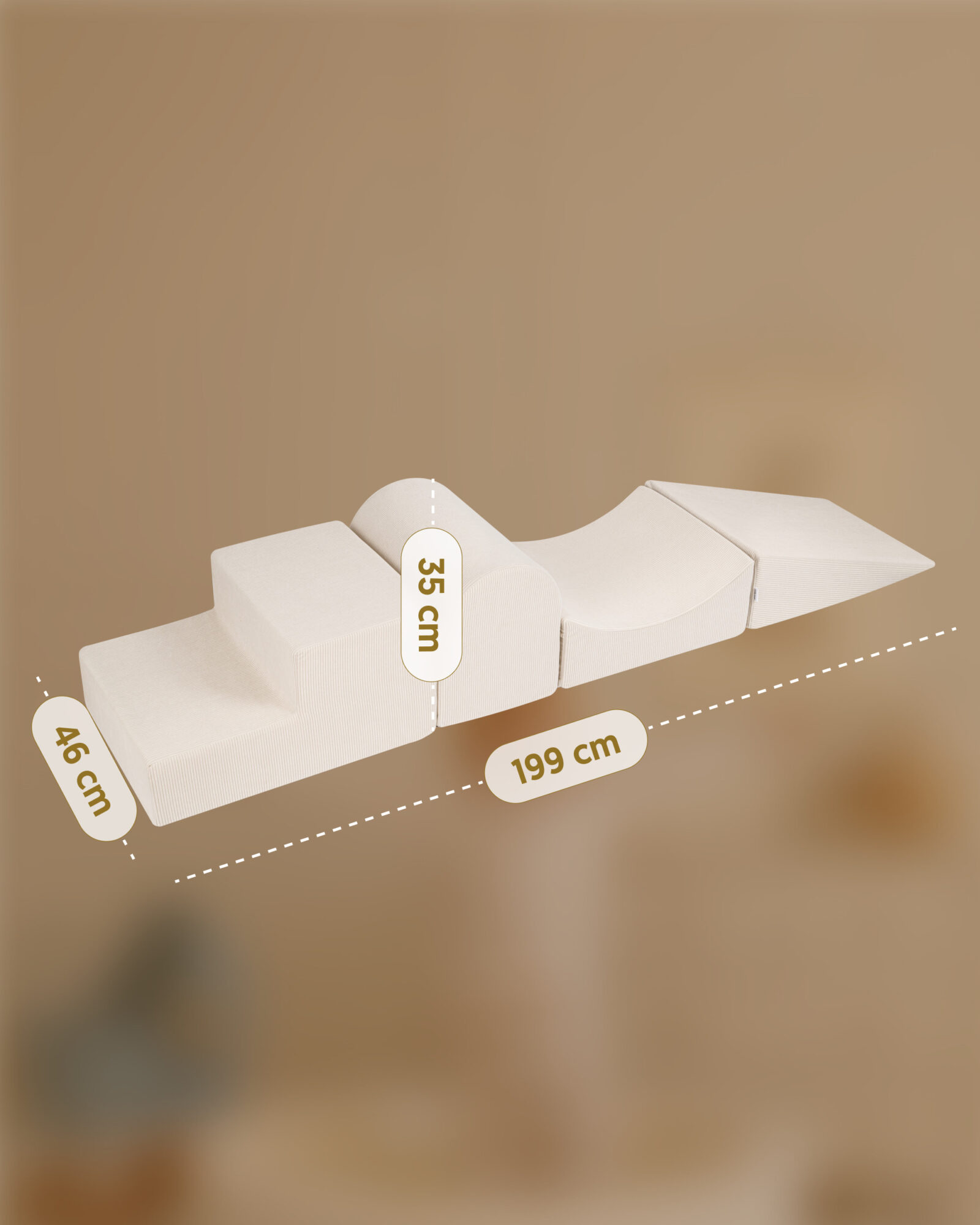 Plac zabaw Alto Cream na planszy wymiarowej z oznaczeniami długości 199 cm, szerokości 46 cm i wysokości 35 cm.