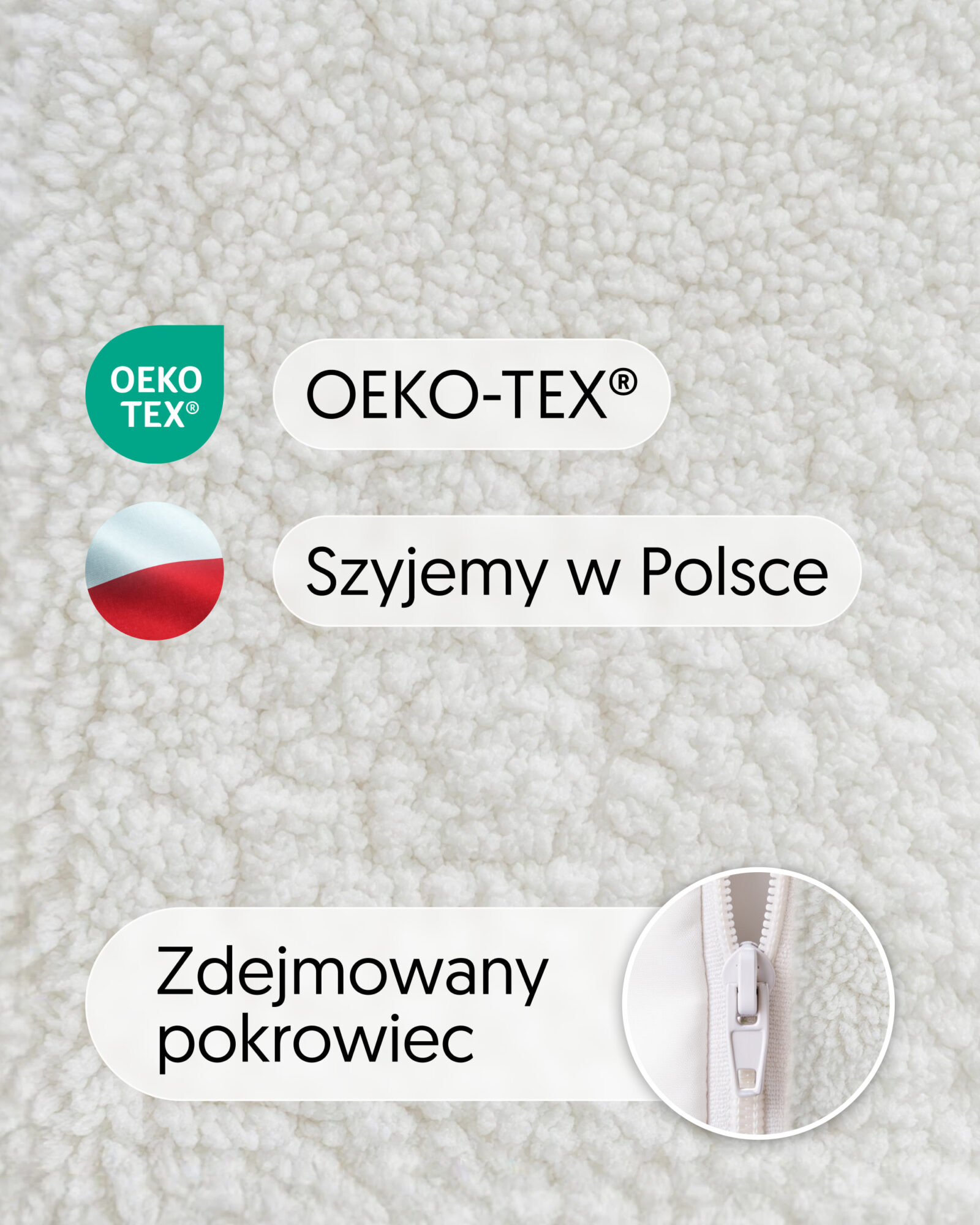 Zbliżenie tkaniny Teddy Cloud, oznaczenia OEKO-TEX i szycia w Polsce oraz detal zamka zdejmowanego pokrowca.