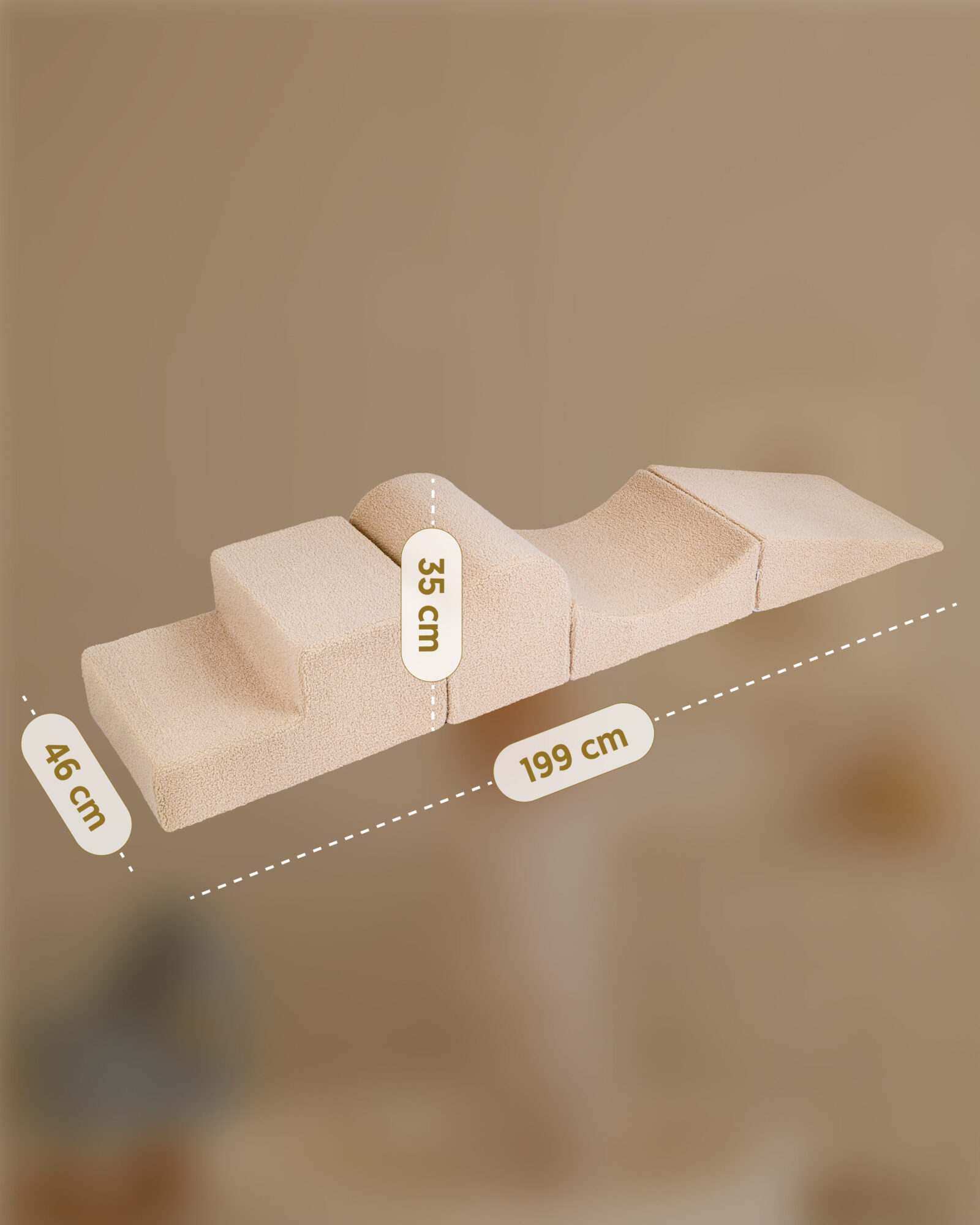 Plac zabaw Alto Teddy Latte z oznaczeniami wymiarów: długość 199 cm, szerokość 46 cm i wysokość 35 cm.