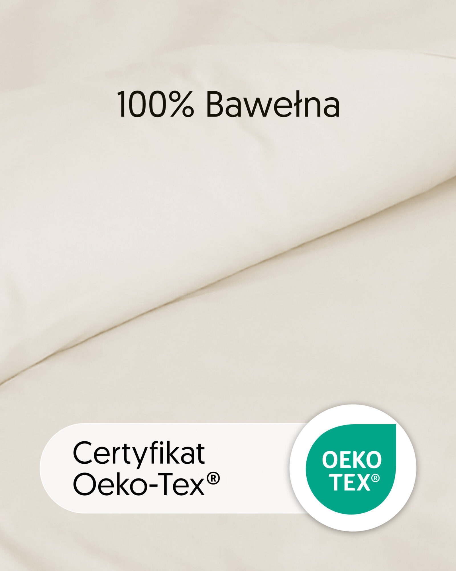 Zbliżenie tkaniny prześcieradła bawełnianego w kolorze naturalnym z oznaczeniem OEKO-TEX.
