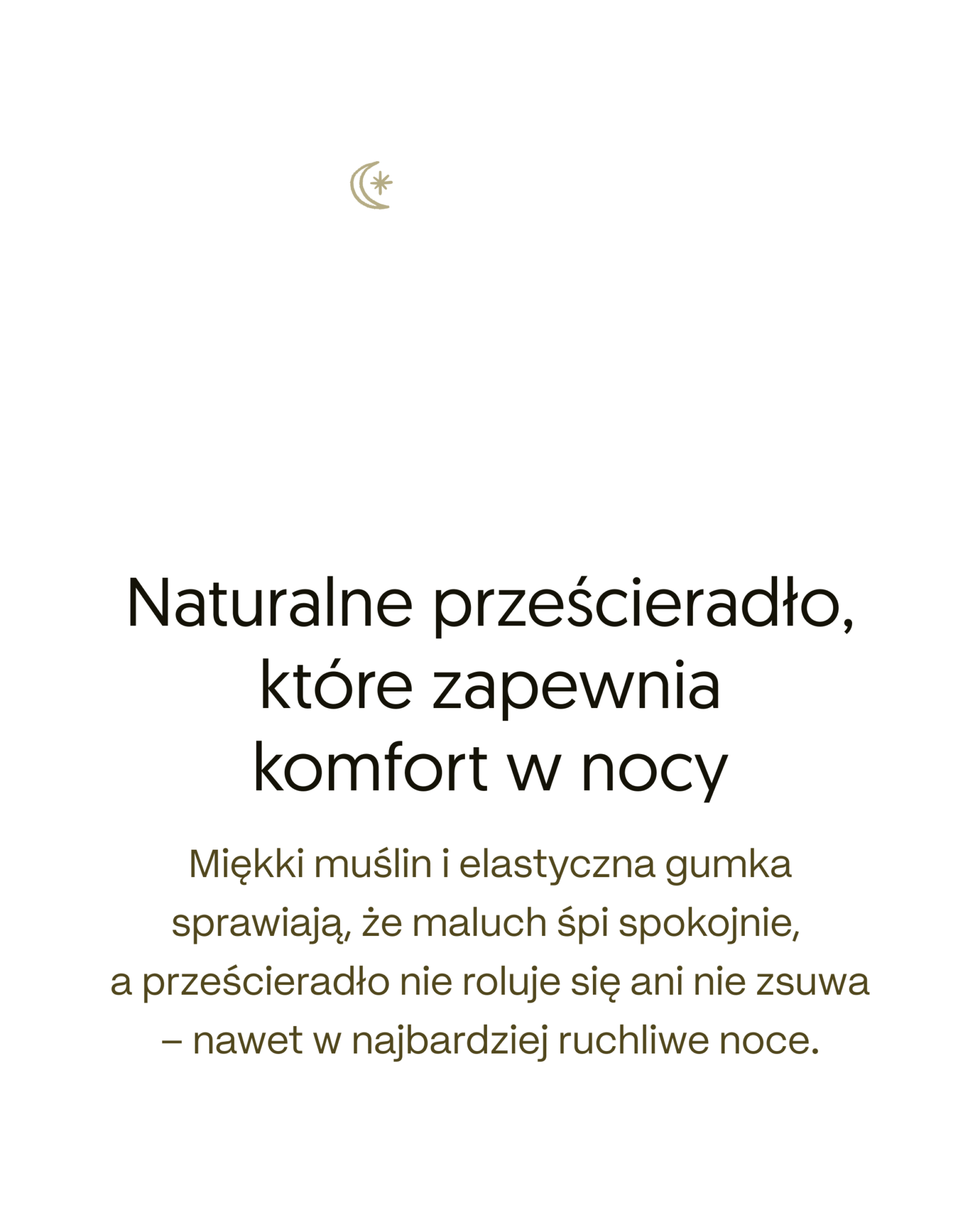 Plansza z księżycem i opisem naturalnego prześcieradła muślinowego z elastyczną gumką.
