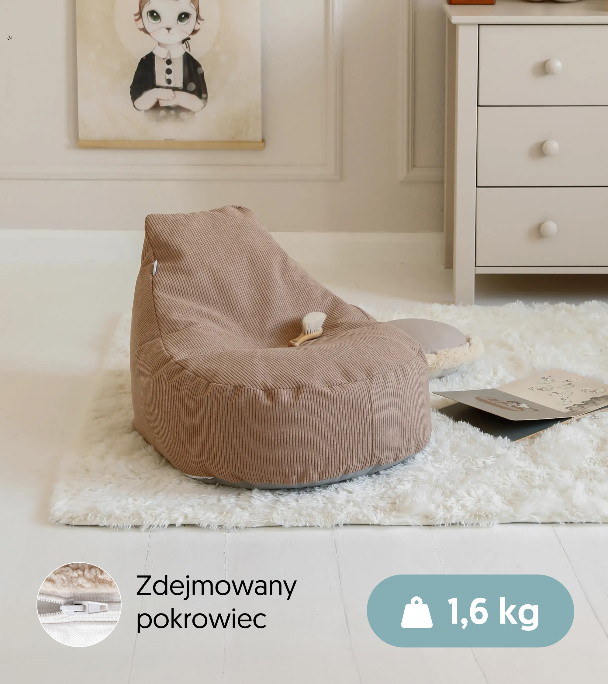 Pufa z detalem zdejmowanego pokrowca. Pufa Bean Bag Mocha.